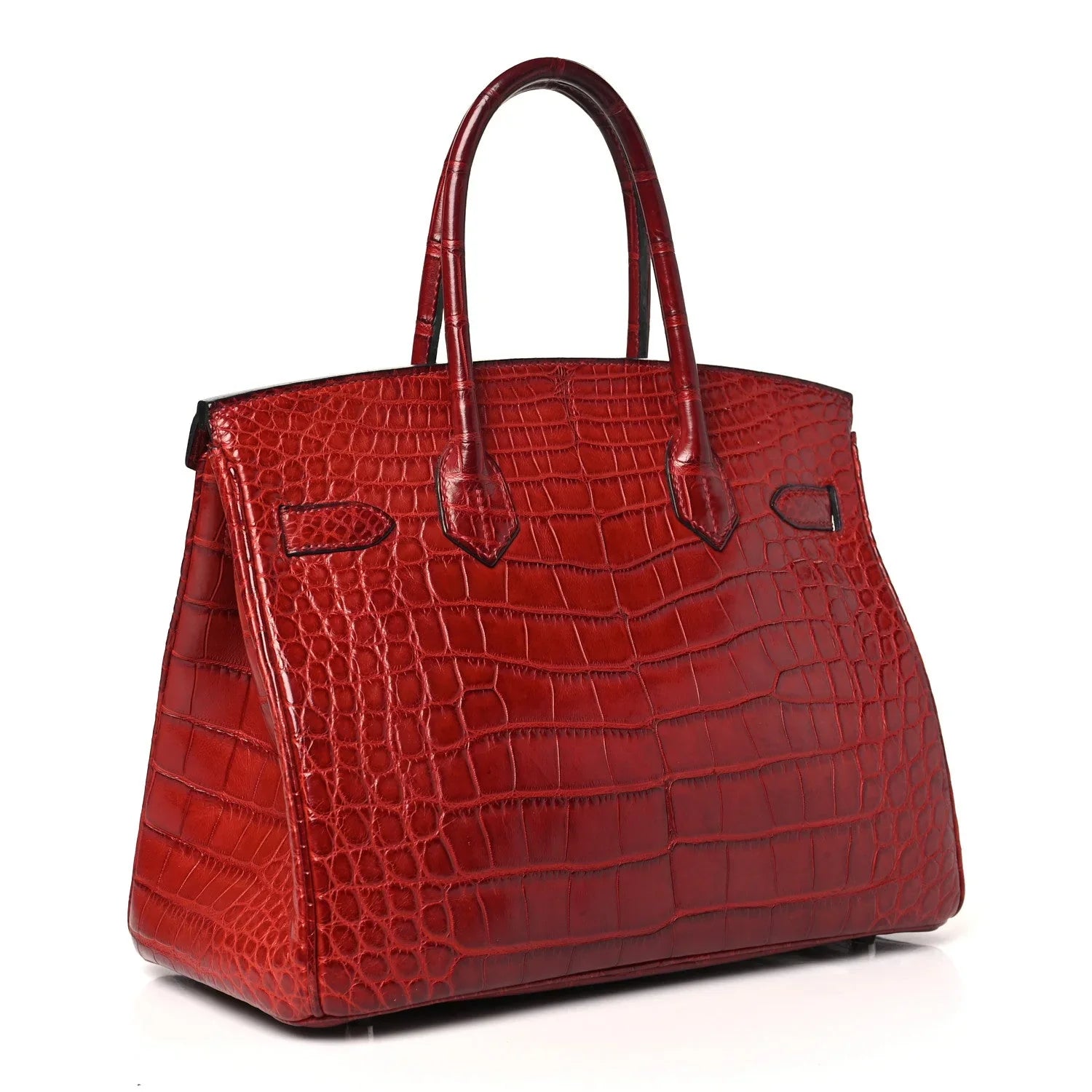 Scarlet Red Glossy Crocodile Embossed Structured Top-Handle Satchel With Silver-Tone Hardware