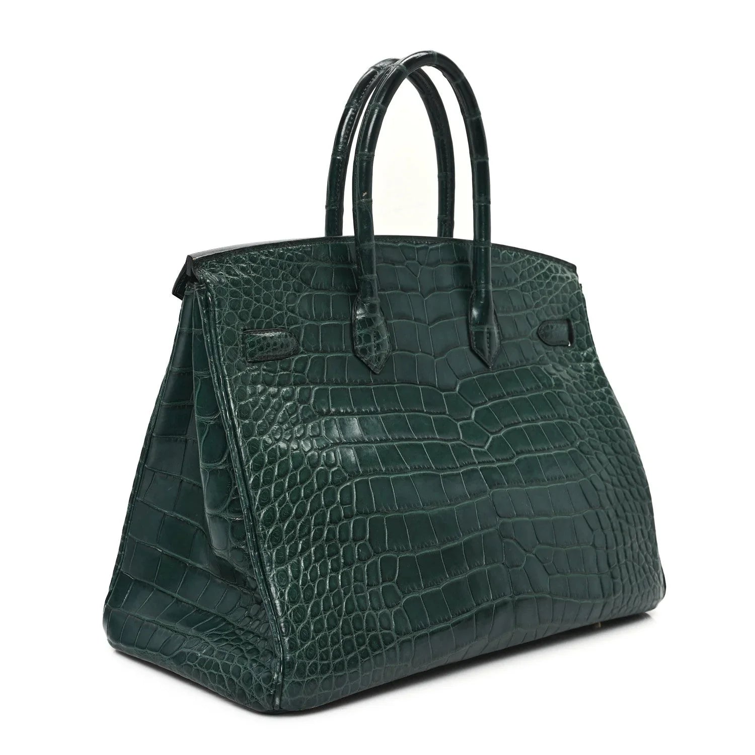 Deep Forest Green Matte Crocodile Embossed Structured Top-Handle Satchel with Gold-Tone Hardware
