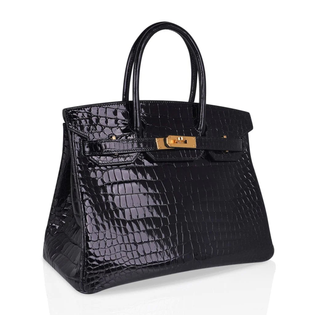 Jet Black Glossy Embossed Crocodile Top-Handle Satchel with Polished Gold-Tone Hardware