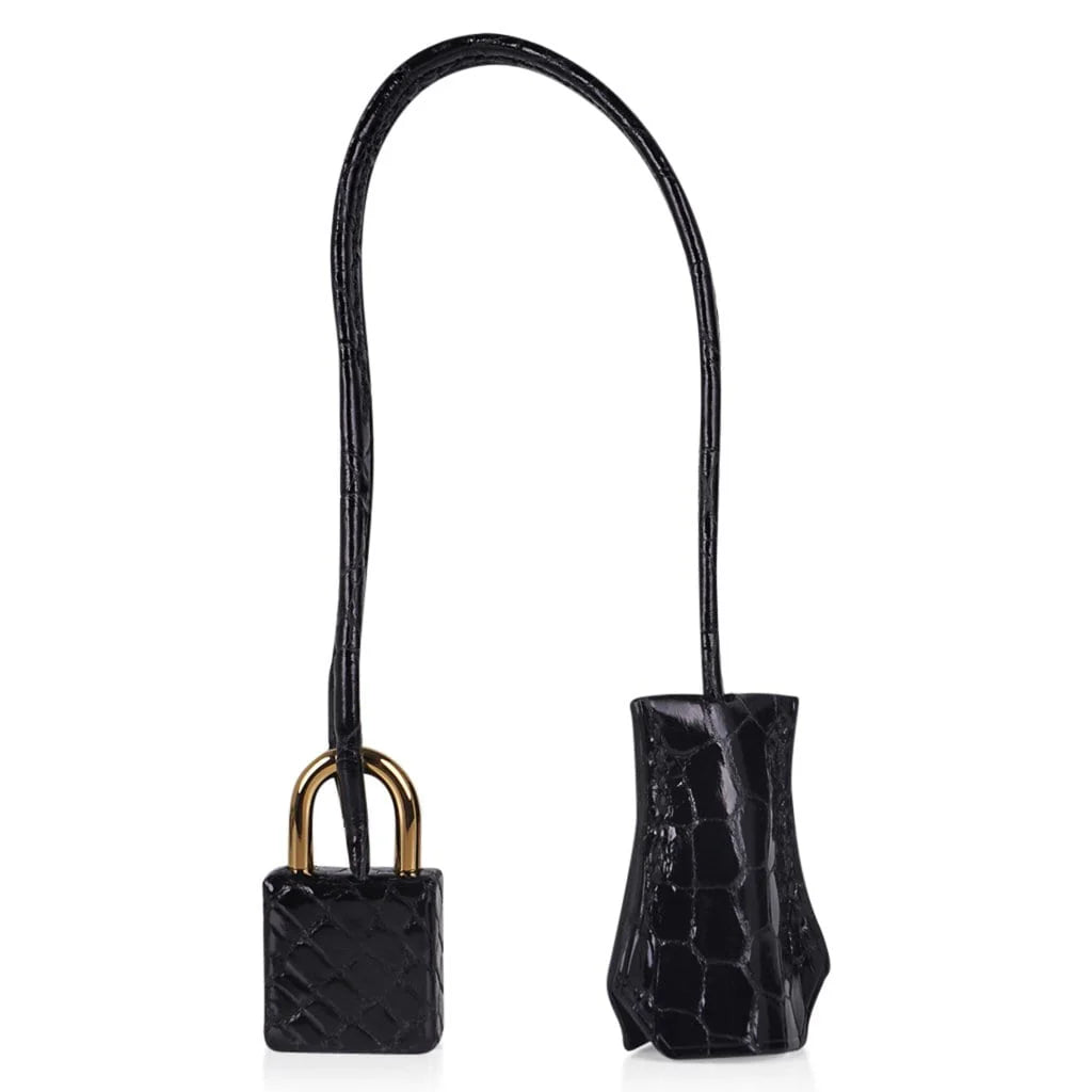 Jet Black Glossy Embossed Crocodile Top-Handle Satchel with Polished Gold-Tone Hardware