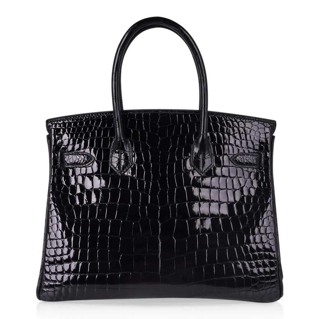 Jet Black Glossy Embossed Crocodile Top-Handle Satchel with Polished Gold-Tone Hardware