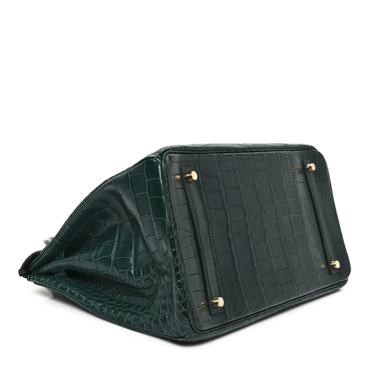 Deep Forest Green Matte Crocodile Embossed Structured Top-Handle Satchel with Gold-Tone Hardware