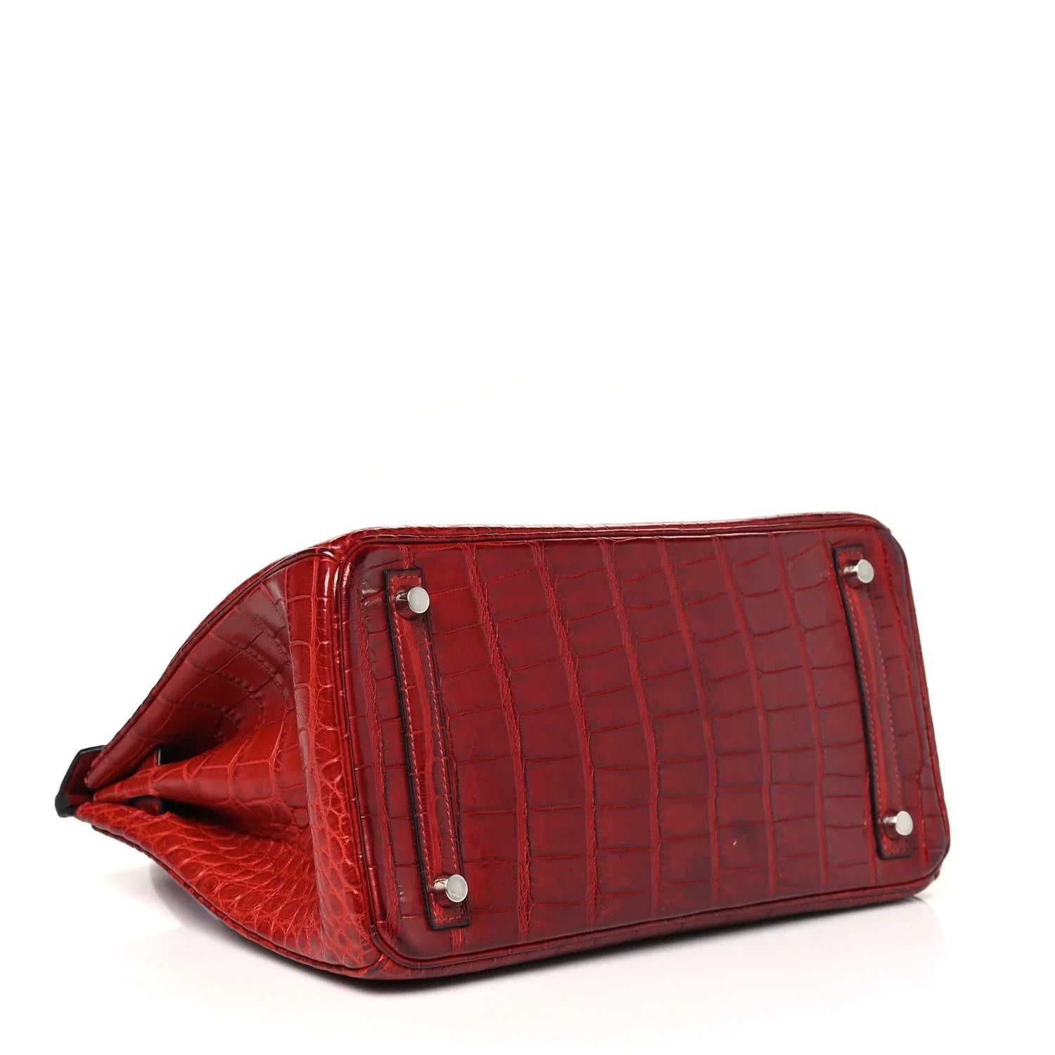 Scarlet Red Glossy Crocodile Embossed Structured Top-Handle Satchel With Silver-Tone Hardware