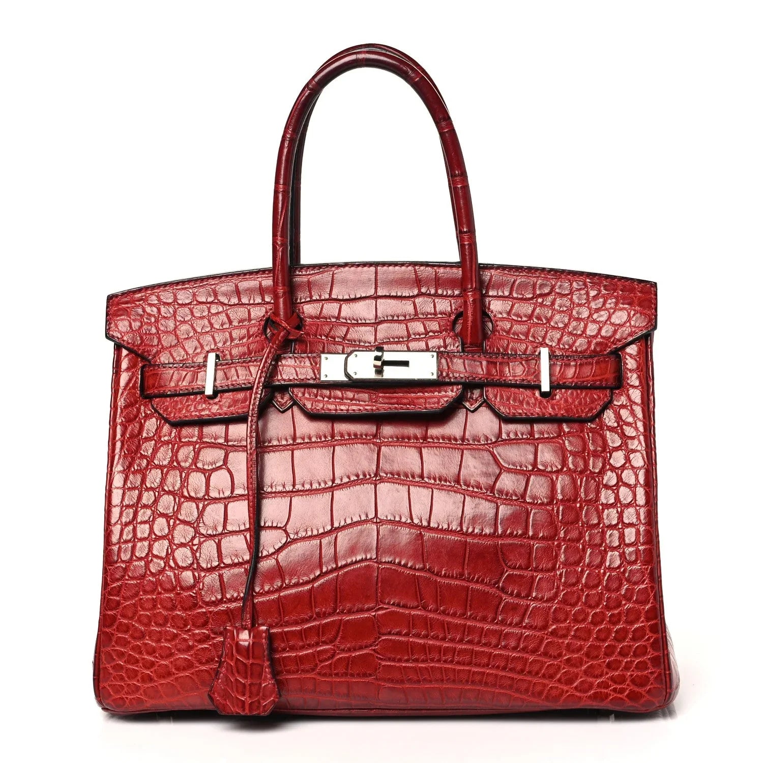 Scarlet Red Glossy Crocodile Embossed Structured Top-Handle Satchel With Silver-Tone Hardware