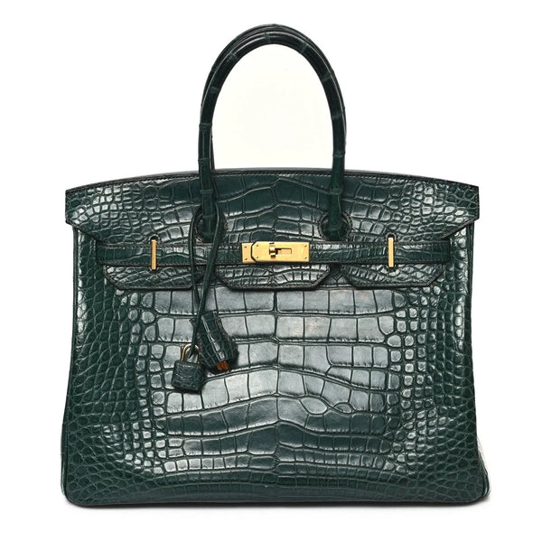 Deep Forest Green Matte Crocodile Embossed Structured Top-Handle Satchel with Gold-Tone Hardware