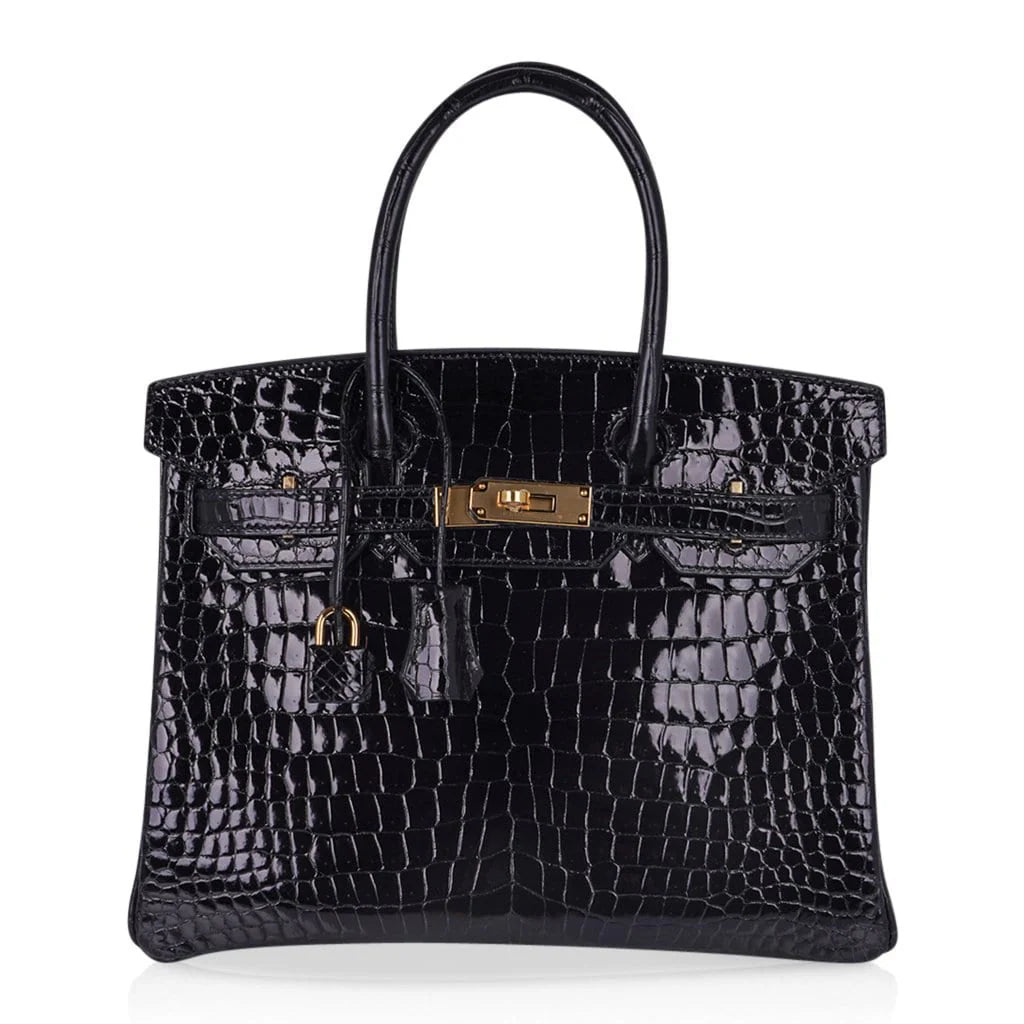 Jet Black Glossy Embossed Crocodile Top-Handle Satchel with Polished Gold-Tone Hardware